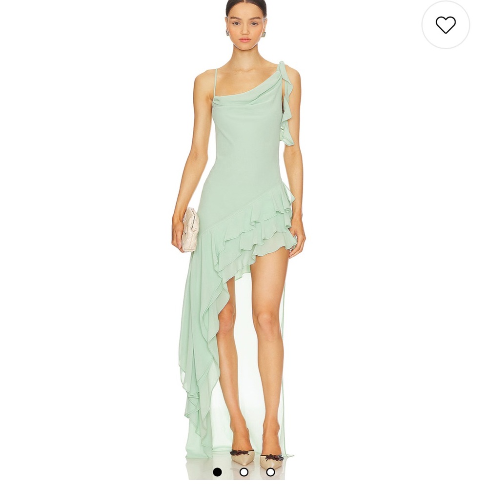 Juno Lovers + Friends Green One Shoulder Gown with Ruffled High-Low Hem from